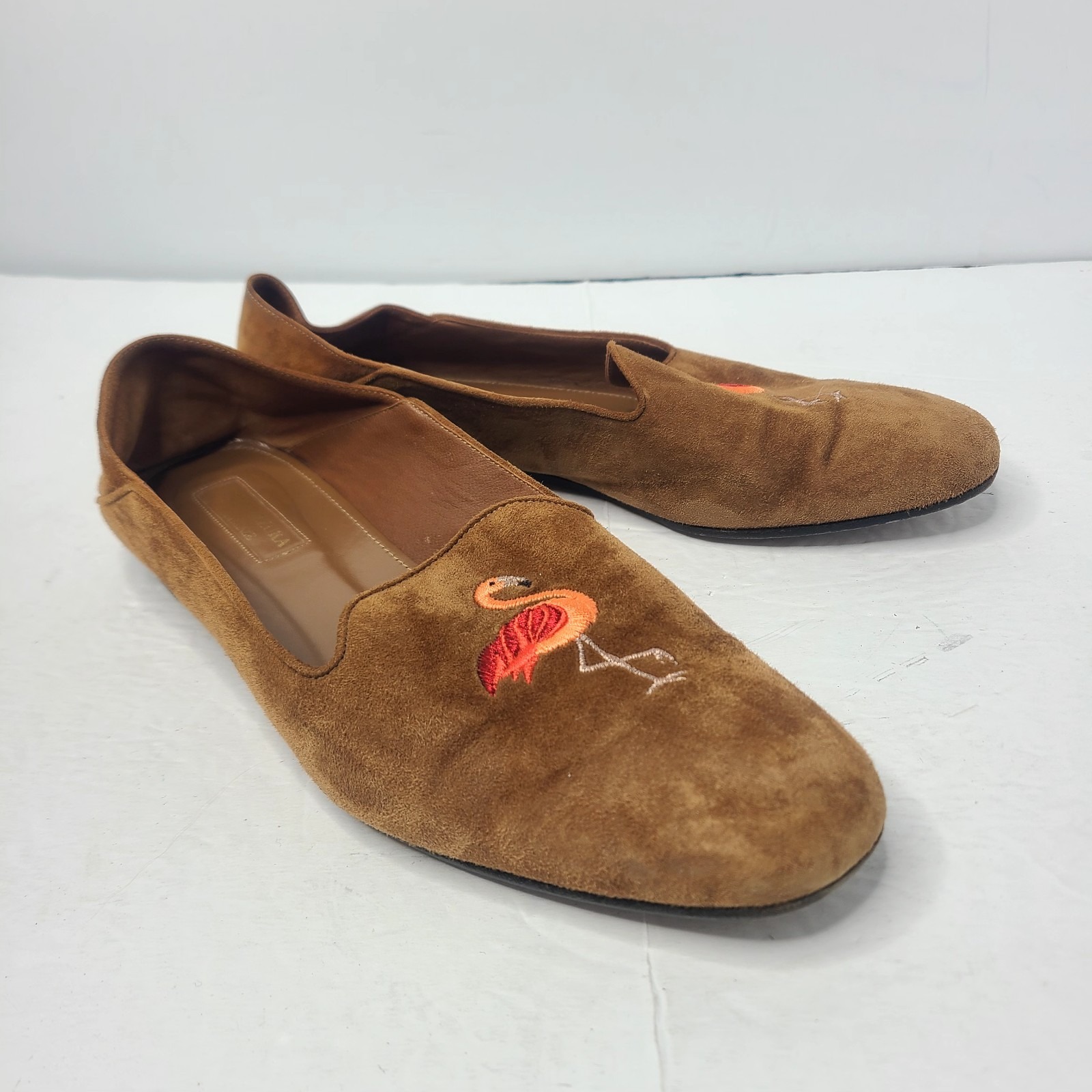 Aquazzura Firenze Flamingo Embroidered Suede Loafers Flats Brown Size 39